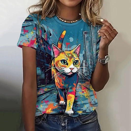 Women's Pop Art Shocking Cat Color T-shirt elevenforest