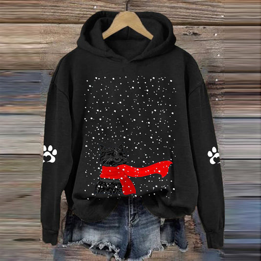 Women's Black Cat Snow Printed Sweatshirt elevenforest