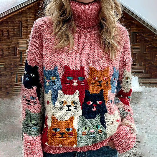 Colorful Cats Pattern Art Cozy Knit Turtleneck Sweater elevenforest