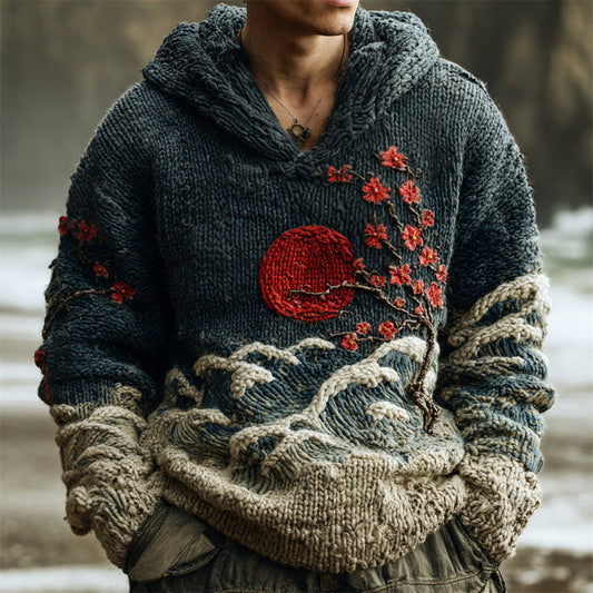Vintage Japanese Floral Art Men's Knit Hooded Sweater elevenforest