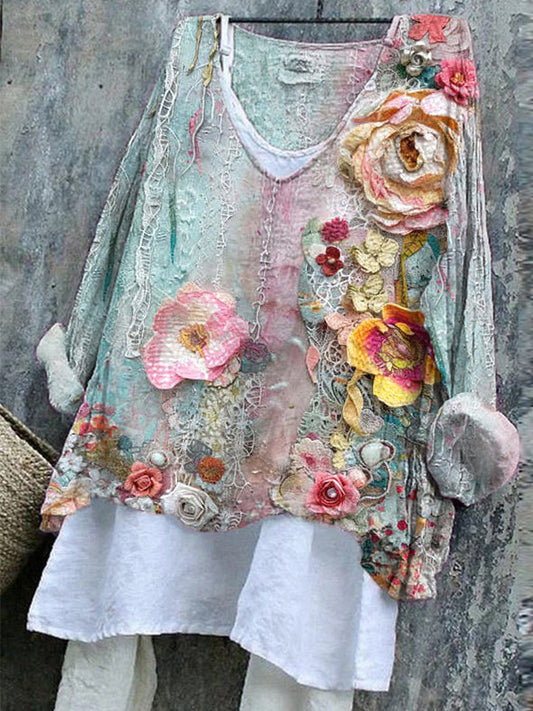 Comstylish Vintage Floral Embroidery Linen Blend V-Neck Shirt