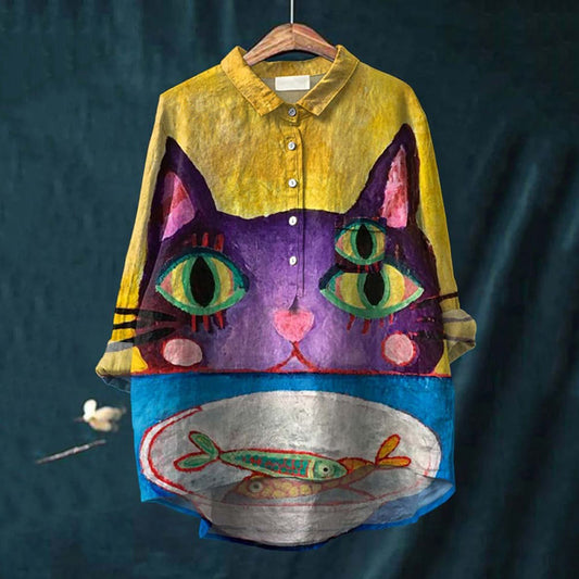 Comstylish Cat Print Casual Cotton And Linen Shirt