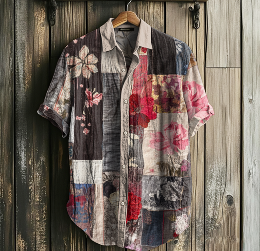 Men's Retro Floral Geometry Art Linen Casual Shirt artswardrobe