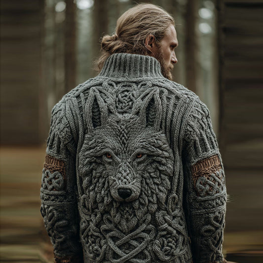 Men's Vintage Viking Wolf Pattern Cozy Knit Turtleneck Pullover Sweater elevenforest