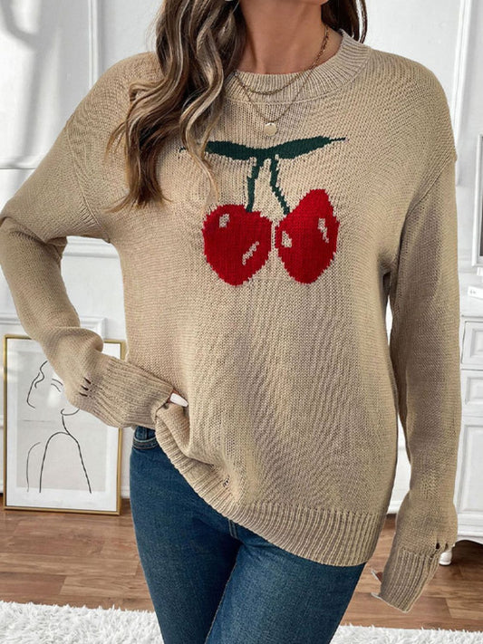 Cintia® | Perfee Cherry crew neck long sleeve sweater