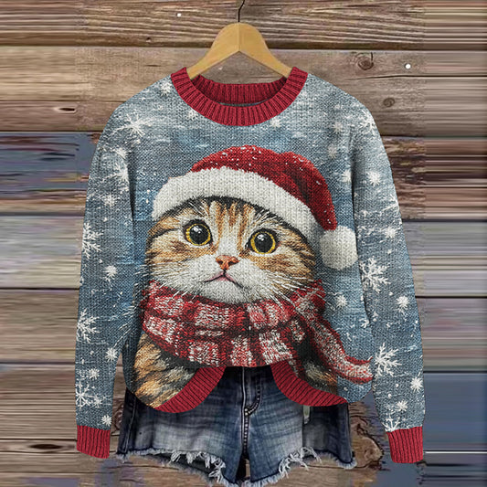 Comstylish Christmas Cat Print Knit Cozy Sweater