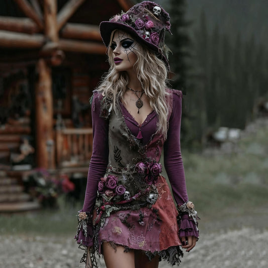 Comstylish Women's Halloween Rose Skull Witch Patchwork Midi Dress