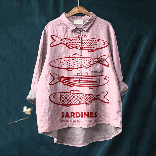 Comstylish Women's Cute Pink Sardines Print Casual Cotton And Linen Shirt