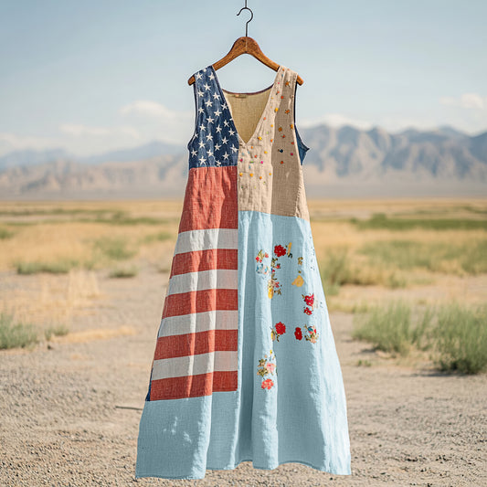 Women's Independence Day Flag Print Cotton And Linen Dress artswardrobe