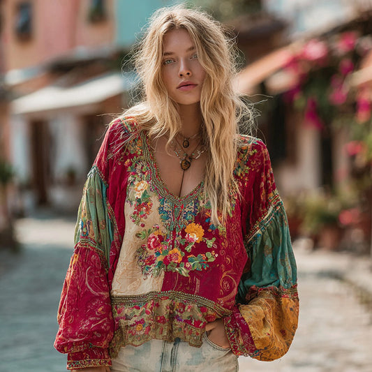Comstylish Women's Bohemian Floral Embroidery Art Linen Blend V-neck Shirt