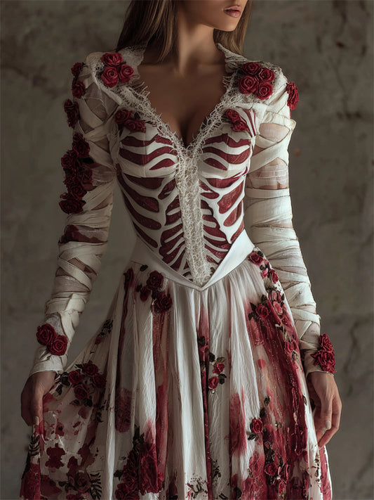 Comstylish Halloween Bloody Roses Skeleton Anatomy Bandages Linen Maxi Dress