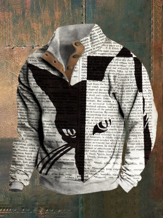 Vintage Geometric Cat Art Text Print Men's Collar Sweatshirt elevenforest