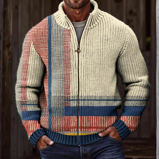 Men‘s Retro Ethnic Stripes Art Zipper Cozy Sweater elevenforest
