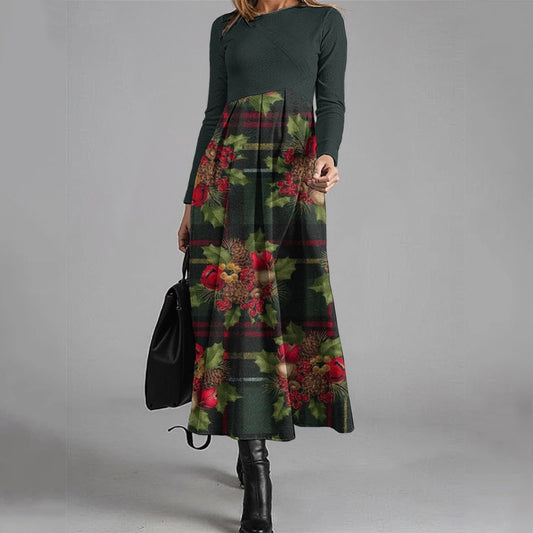 Elegant Floral Print Crew Neck Long Sleeved Midi Dress elevenforest