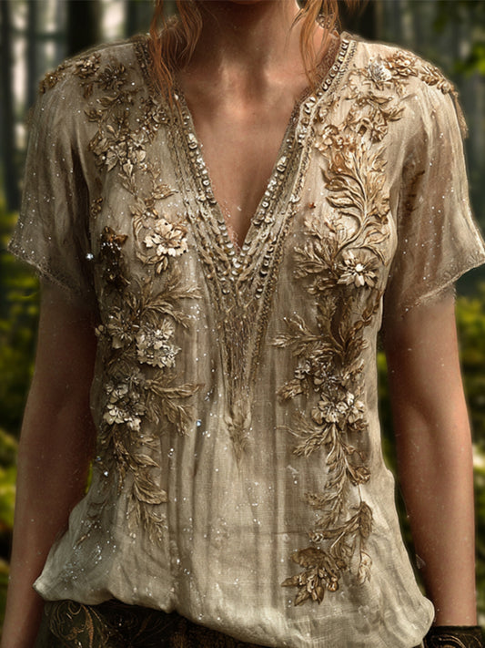 Bohemian Style Golden Sequin Flower Glowing Vintage V-neck Short-sleeved Shirt artswardrobe