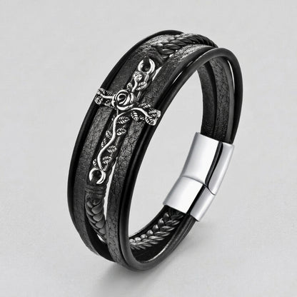 Men's Black Leather Braid Rose Vine Cross Clasp Bracelet