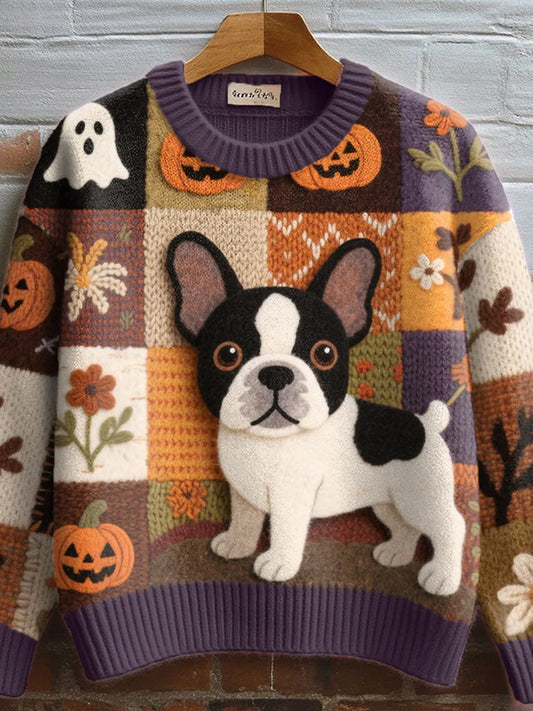 Women's Cute Dog Felt Art Cozy Knit Sweater elevenforest