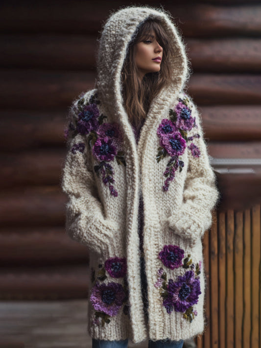 Women's Purple Flower Vintage Mid-length Hooded Sweater elevenforest