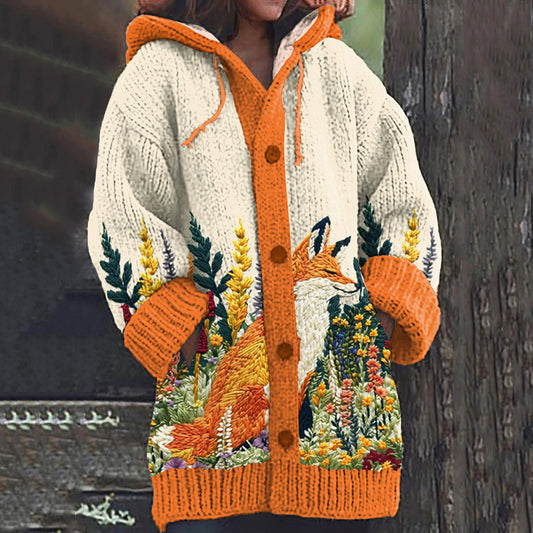 Fox & Floral Embroidered Cozy Knit Hooded Cardigan artswardrobe