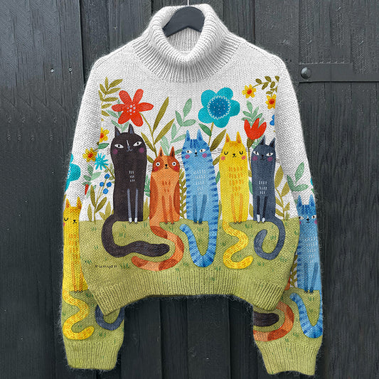 Comstylish Vintage Colorful Cats With Floral Pattern Cozy Knit Sweater