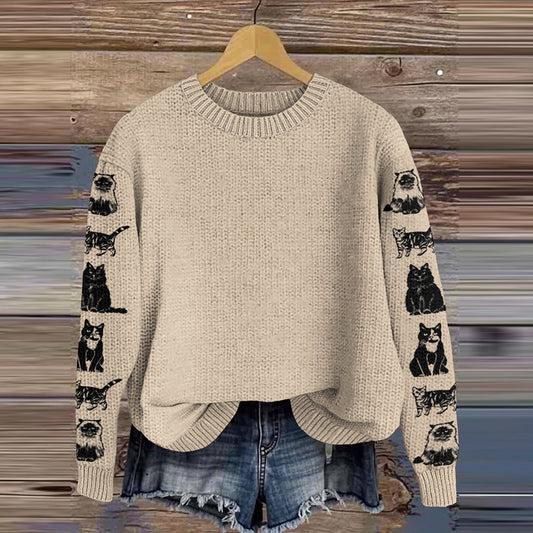 Vintage Cute Cat Knitted Warm Crew Neck Sweater elevenforest