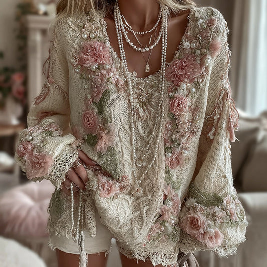Women's Pink Rose Knitted Warm Long Sleeve V-neck Sweater elevenforest
