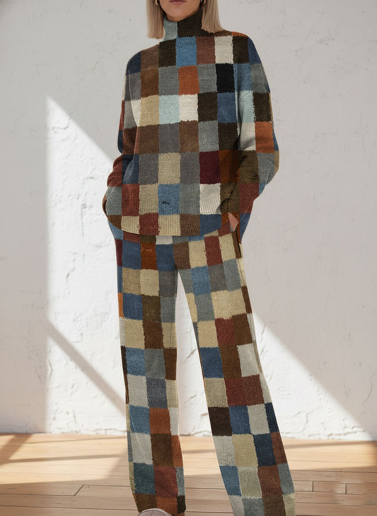Vintage Geometric Colorful Plaid Decorative Pattern Casual Stand Collar Long Sleeve Top And Casual Long Pants
