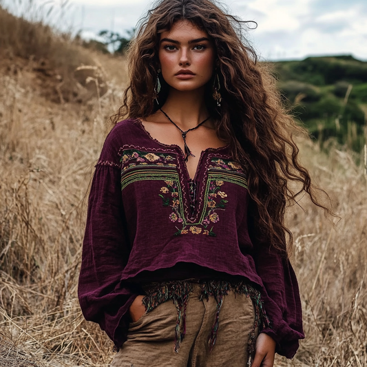 Boho Floral Tassel Art Linen Blend Loose Blouse artswardrobe