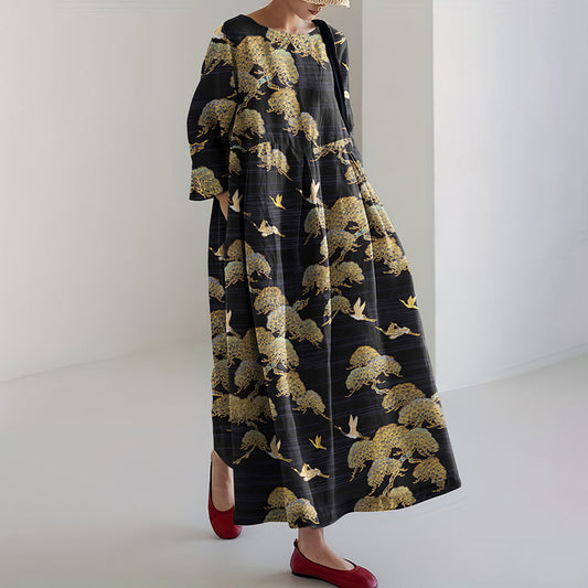Comstylish Japanese Art Crane Print Round Neck Loose Midi Dress