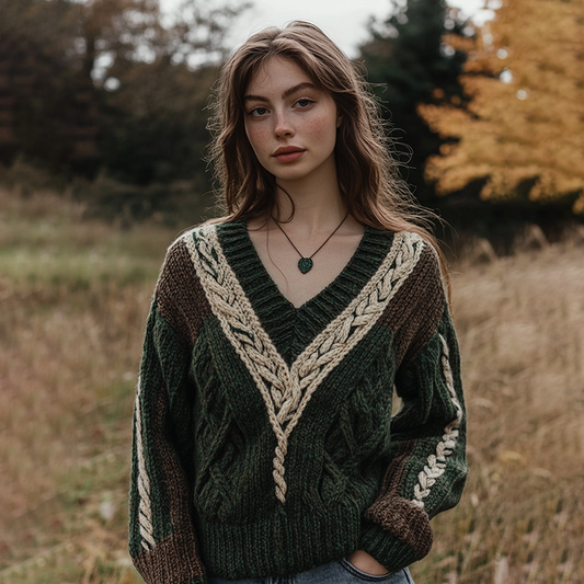 Vintage Irish Celtic Chunky Knit Cozy Warm V Neck Sweater elevenforest