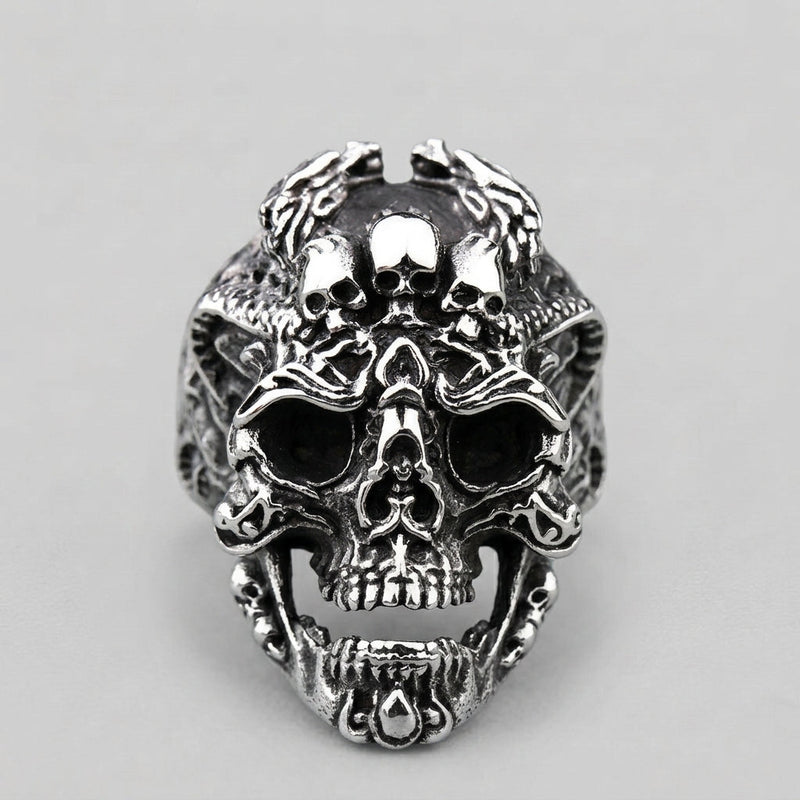 Skull Ring with Ornate Dragon and Filigree Detail