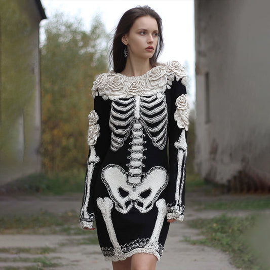 Comstylish Women's Halloween Anatomy Art And Rose Knitted Ancient Round Neck Skirt
