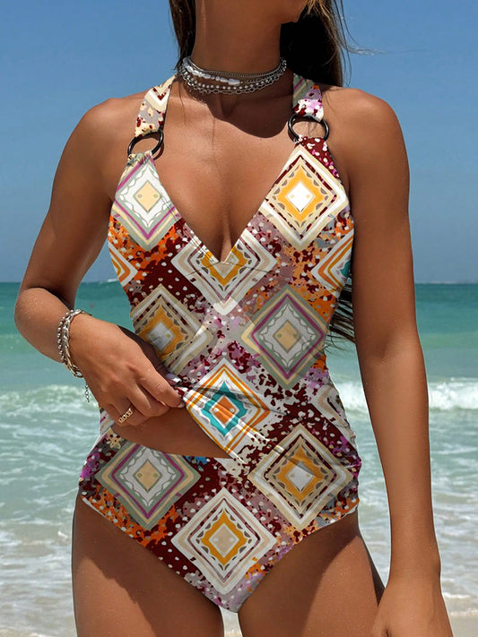 Diamond Retro Pattern Women's Summer Beach Halter Top And Solid Color Triangle Briefs Tankini Set