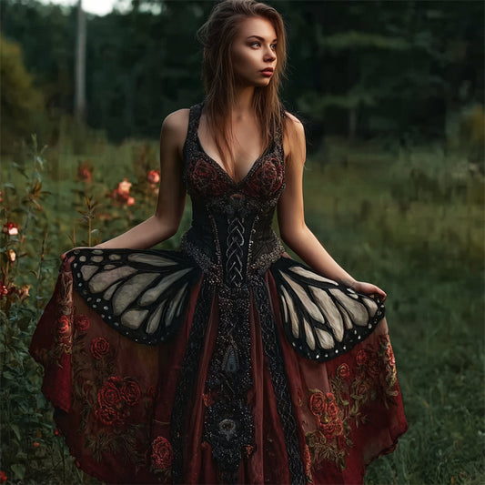 Comstylish Vintage Mystical Butterfly & Roses Glitter Flowy Wide Skirted Dress