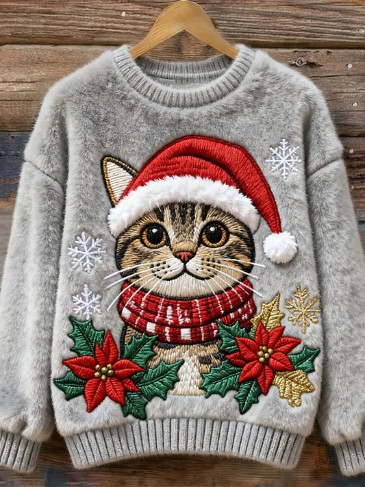 Christmas Cat Embroidery Women's Cozy Plush Sweater elevenforest
