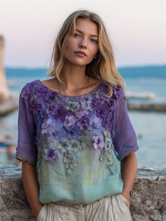 Classy Purple Floral Embroidered Gradient Flowy Linen Shirt artswardrobe