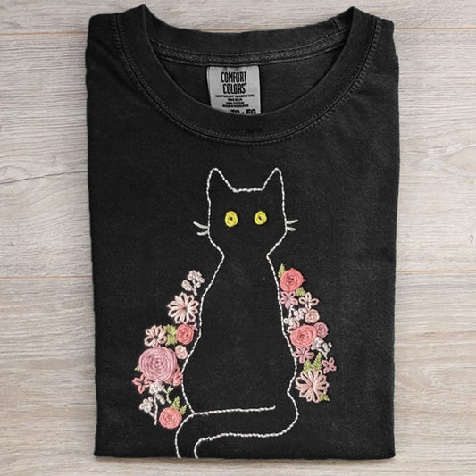 Pink Floral Black Cat Embroidered Comfy T Shirt elevenforest