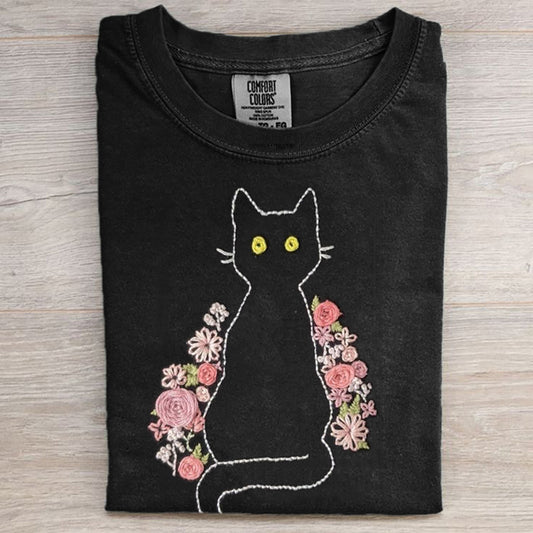 Pink Floral Black Cat Embroidered Comfy T Shirt
