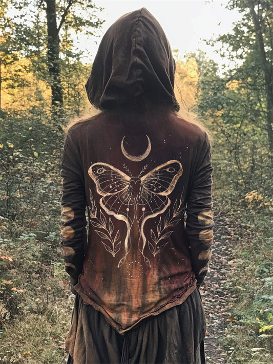 Comstylish Moth Mystical Moon Phase Bleached Handmade Hoodie