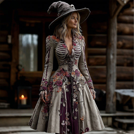 Comstylish Women's Halloween Rose Skeleton Witch Cosplay Midi Dress