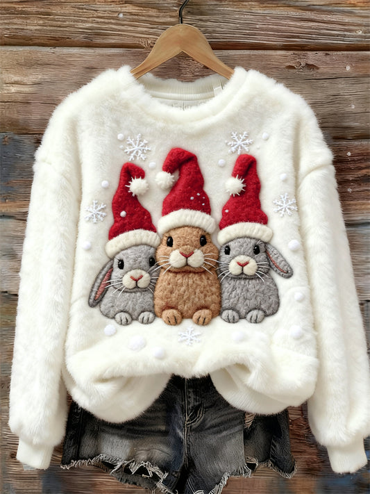 Comstylish Bunnies With Christmas Hats Snowflakes Cozy Plush Sweatshirt