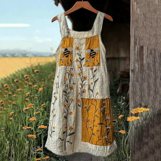 Bee Floral Patchwork Print Linen Tank Midi Dress artswardrobe