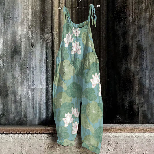 Comstylish Casual Water Lily Art Pattern Women'S Overalls