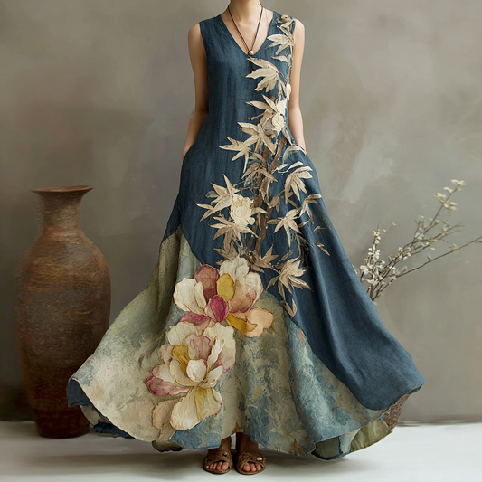 Comstylish Women's Vintage Floral And Bamboo Art Print Linen Dress