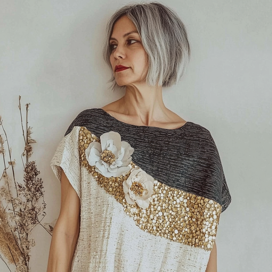 Comstylish Vintage Gilded Sequin Floral Art Linen Shirt