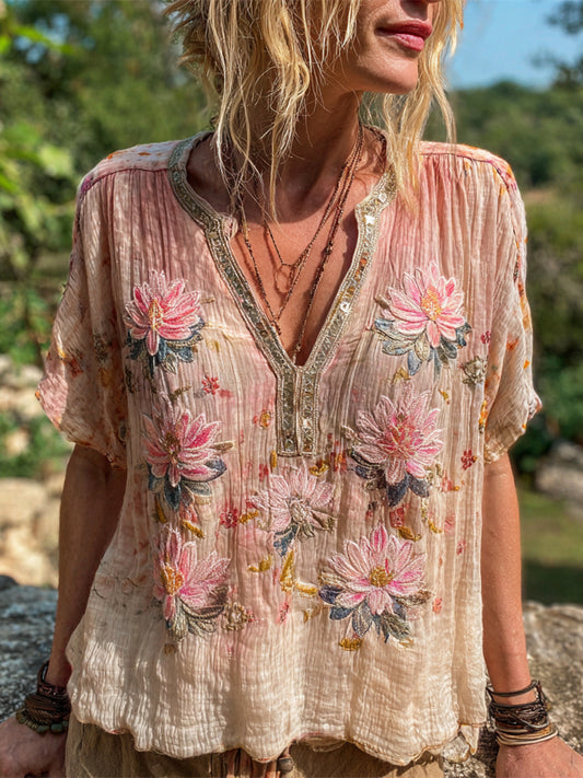 Comstylish Boho Lotus Embroidery Vintage Women's Linen Short Sleeve Shirt