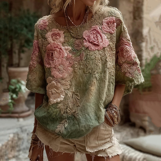 Comstylish Vintage Floral Gradient Pattern Linen Comfy T-shirt