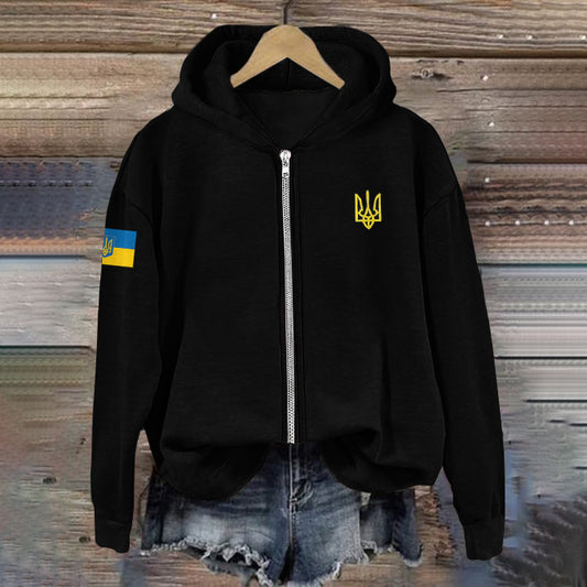 Comstylish Women Support Ukrainian Trident Symbol Zip Hoodie