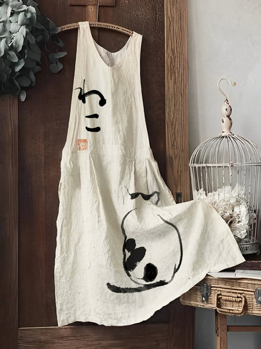 Comstylish Japanese Art Cat Print Women's Linen Vest Dress
