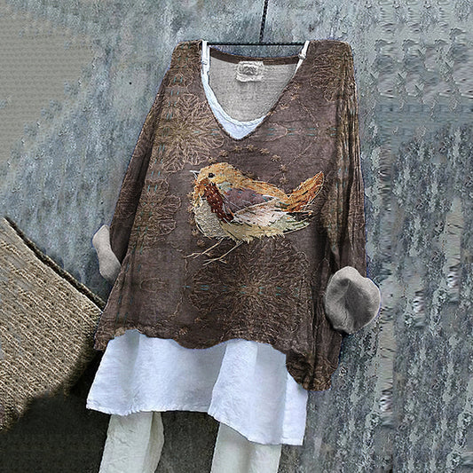Comstylish Women's Vintage Bird Art Embroidery Cotton And Linen Shirt